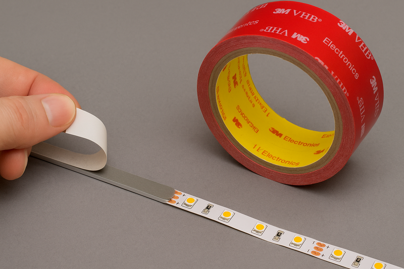 A roll of 3M VHB double-sided tape being applied to the back of an LED strip before mounting.