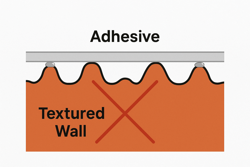 A close-up diagram showing how an adhesive strip only makes contact with the high points of a textured wall, with large gaps underneath.