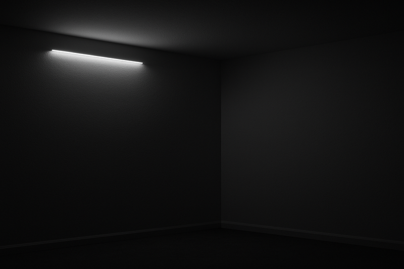 An image showing an example of bad lighting design, with a single, harsh LED strip used as the only light source in a dark room.
