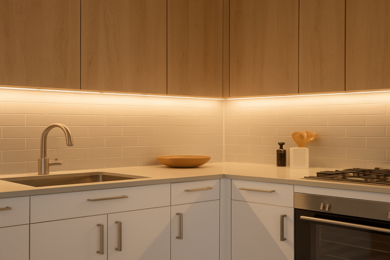 A beautiful, modern kitchen with warm white LED strip lights perfectly installed under the upper cabinets, illuminating the countertop