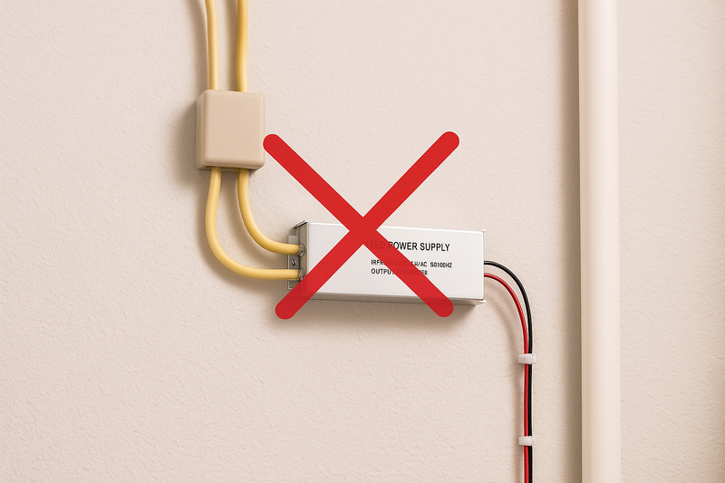 A clean installation showing an LED power supply mounted in a utility room, with Romex AC wiring coming in and low-voltage wires going out.