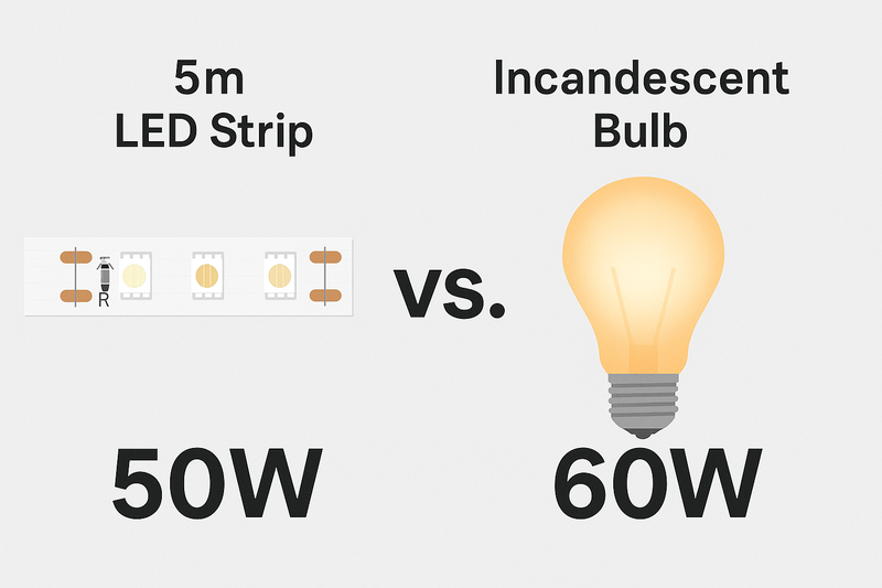 An infographic-style image comparing the power consumption of a 5-meter LED strip (e.g., 50W) next to a single 60W incandescent bulb.