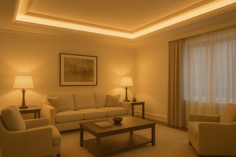 A luxurious living room where hidden LED strips in a ceiling cove provide a soft, ambient glow throughout the space.