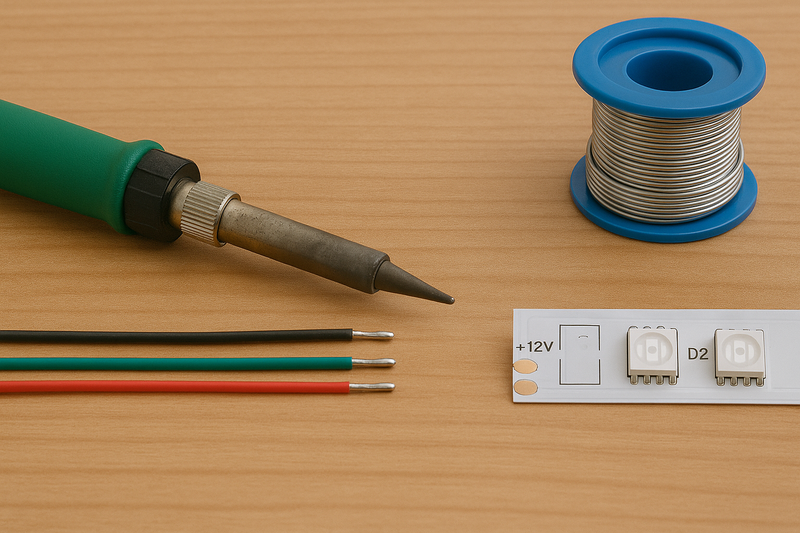 A clean workspace showing a soldering iron, solder, and wires neatly tinned and ready to be connected to an LED strip's copper pads.