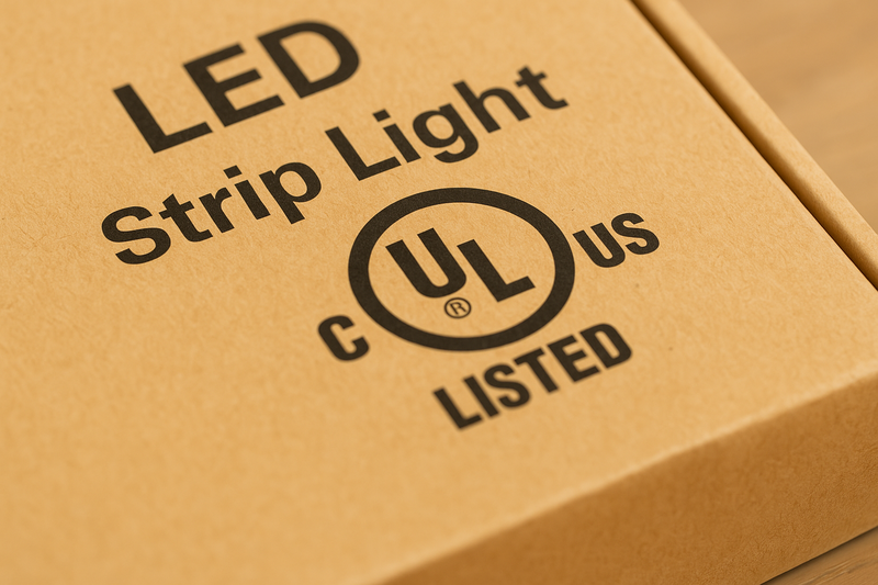An image of a UL certification mark on the packaging of a high-quality LED strip light.