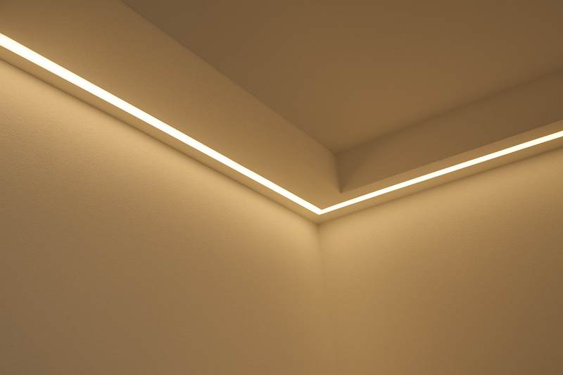 An architectural detail showing a long, seamless line of light with perfect color and brightness from one end to the other.