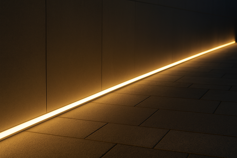 A long, continuous line of outdoor architectural lighting with perfectly uniform brightness and color from end to end.