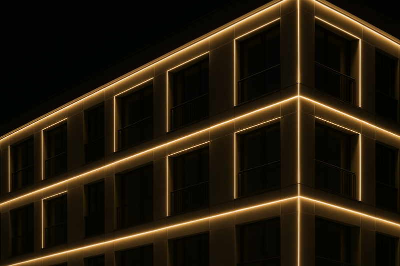A stunning modern building facade at night, expertly illuminated with perfectly uniform outdoor LED strip lights.