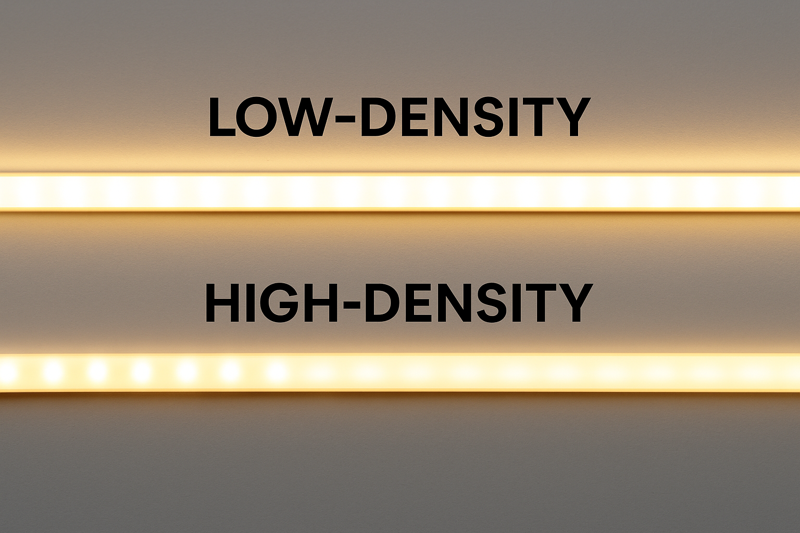 A close-up comparison showing the dotted, spotty look of a low-density strip versus the smooth, seamless glow of a high-density strip.