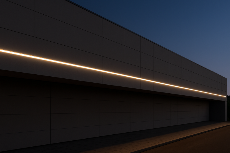 A long architectural facade with a perfect, uniform line of light, demonstrating the consistency of a 24V system.