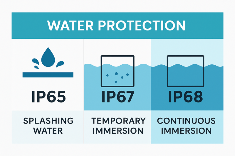 An infographic clearly illustrating the difference in water protection between IP65, IP67, and IP68 rated products.