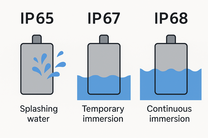 A diagram clearly showing the difference between IP65 (splashing water), IP67 (temporary immersion), and IP68 (continuous immersion).