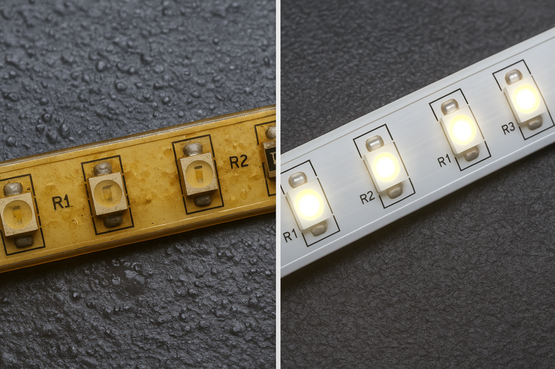 A split image showing a failed, yellowed, and water-damaged budget LED strip on one side, and a pristine, bright premium LED strip on the other
