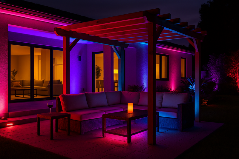 A luxury outdoor patio space at night, with smart LED strips set to a vibrant color, creating a lively party atmosphere.