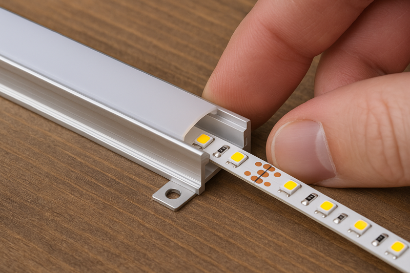 A close-up shot of an LED strip being snapped into a securely mounted aluminum channel with a diffuser cover.
