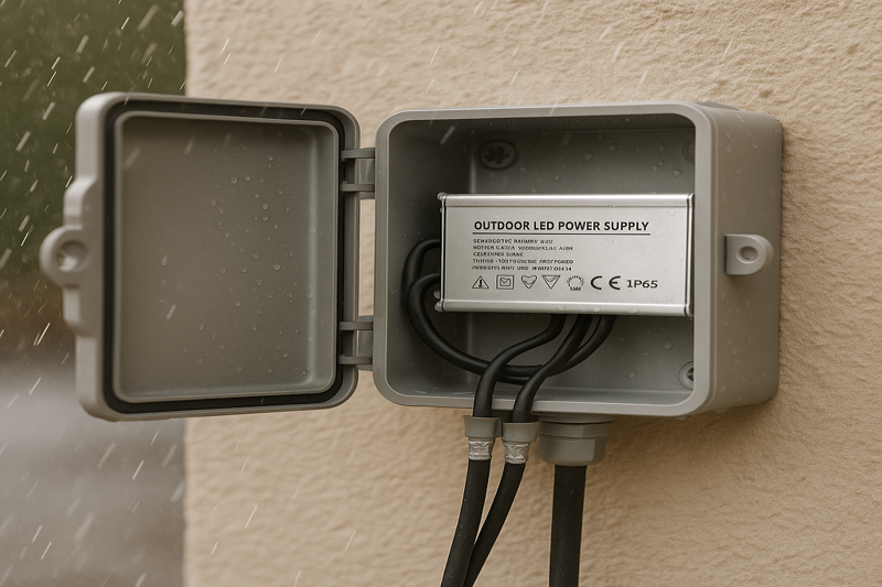 A clean installation showing a dedicated outdoor LED power supply securely mounted inside a gray NEMA 3R junction box.