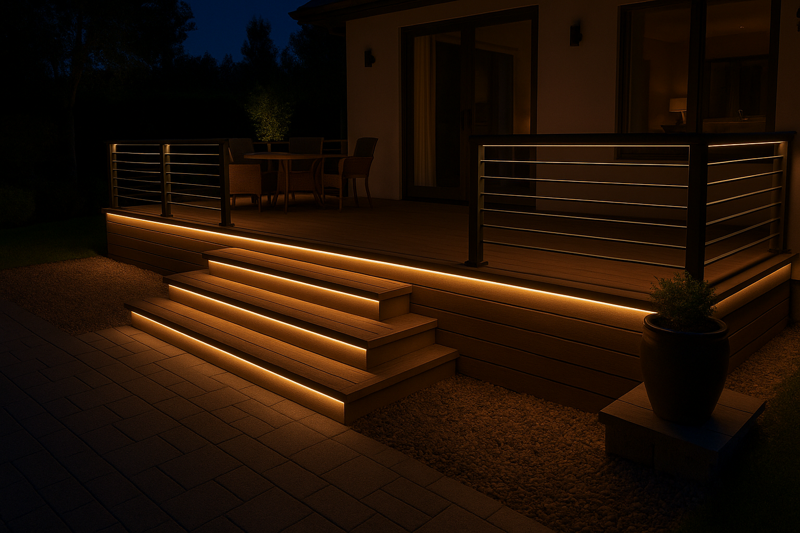 A high-end residential patio space at night, flawlessly illuminated with continuous lines of warm white outdoor LED strip lighting under railings and steps.