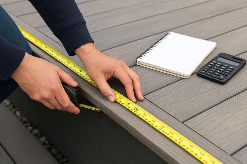 A person using a measuring tape along a deck edge, with a notepad and calculator nearby, planning an LED strip layout.