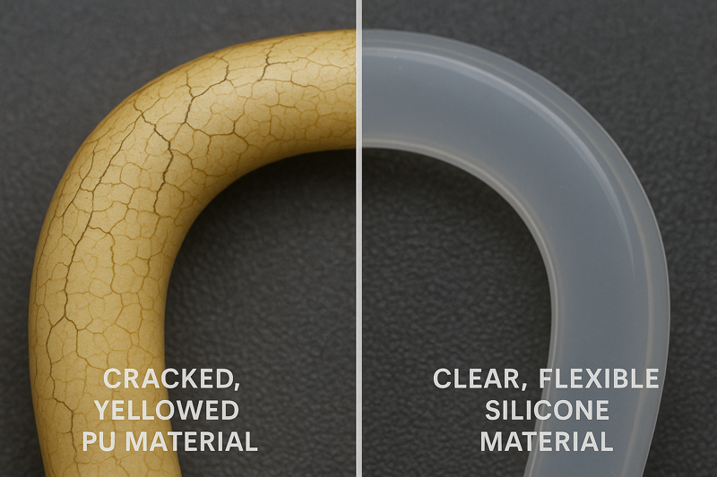 A close-up, side-by-side comparison of a cracked, yellowed PU material versus a clear, flexible silicone material.
