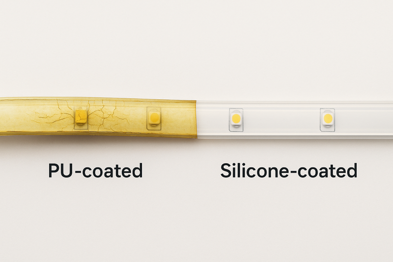 A side-by-side comparison of a yellowed, cracked PU-coated strip and a perfectly clear, flexible silicone-coated strip after one year outdoors.