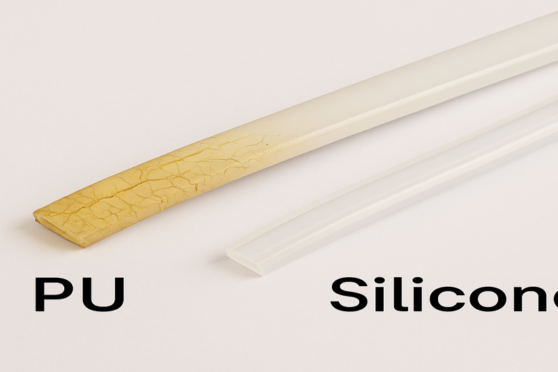 A side-by-side comparison showing the dramatic difference between a yellowed, cracked PU strip and a clear, flexible silicone strip.