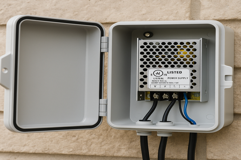 A clean installation showing a UL Listed LED power supply mounted inside a weatherproof NEMA electrical box.