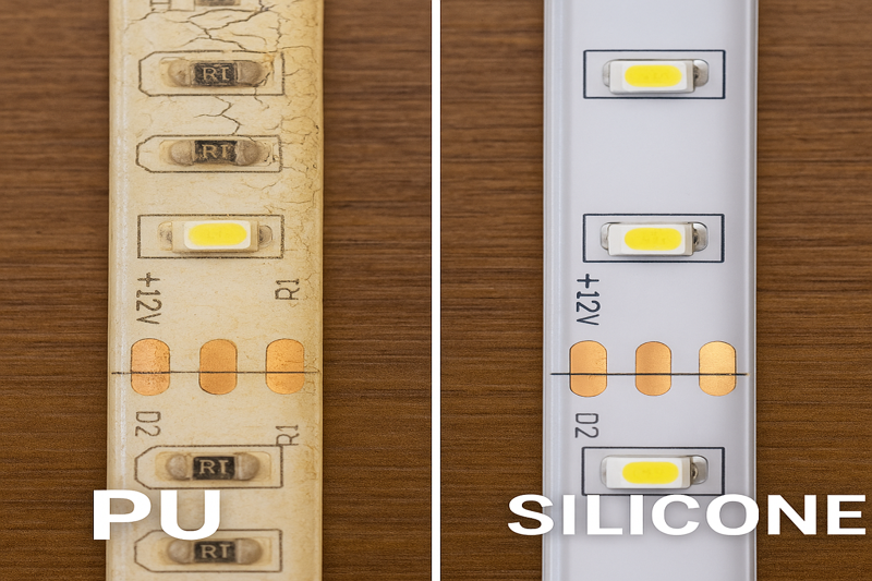A side-by-side comparison showing a yellowed, cracked PU-coated LED strip next to a clear, flexible silicone-coated strip.