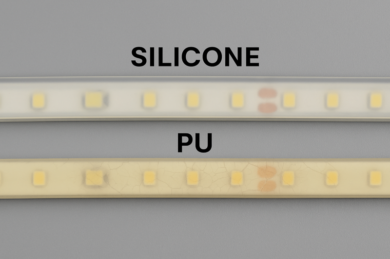 A side-by-side comparison of a pristine, flexible silicone LED strip versus a yellowed, brittle, and cracked PU-coated strip.