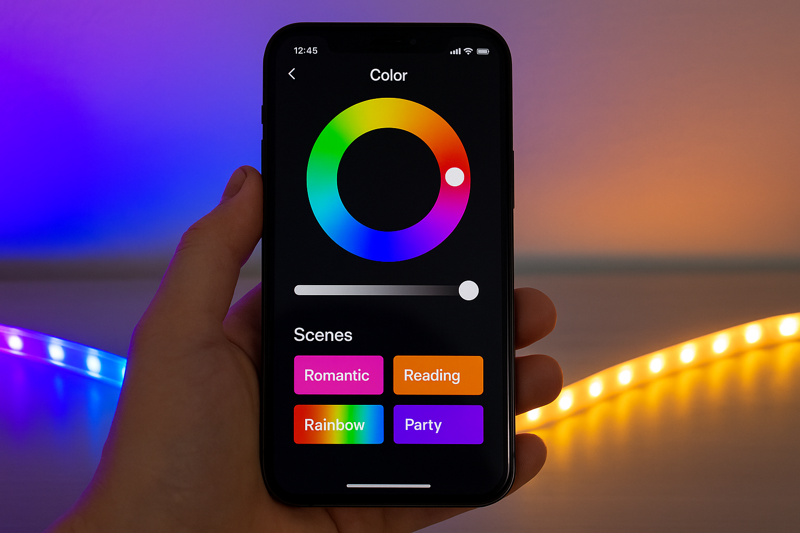 An image showcasing a vibrant smartphone app interface for controlling smart LED strip colors and scenes.