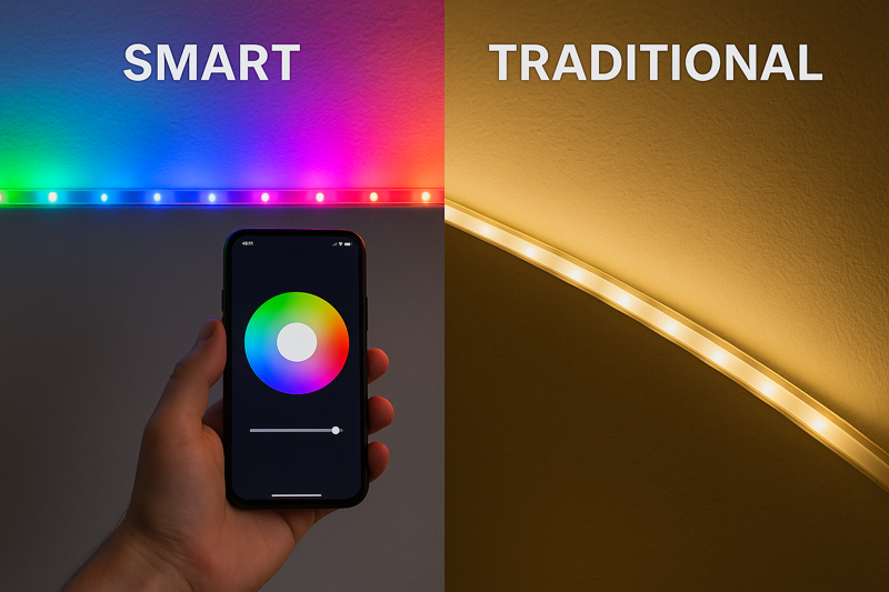 A split image showing a hand holding a smartphone controlling colorful smart LED strips on the left, and a classic, elegant warm white traditional LED strip lighting up a wall on the right