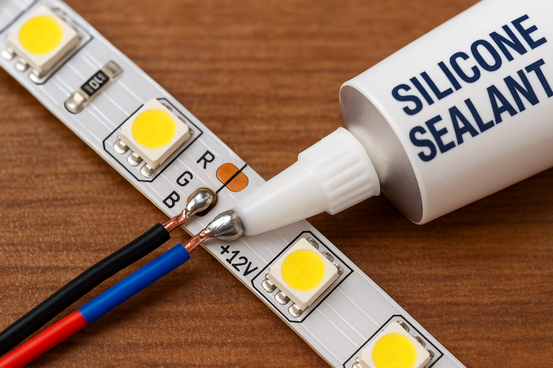 A detailed macro shot showing wires expertly soldered to an LED strip's copper pads, with a tube of silicone sealant next to it.
