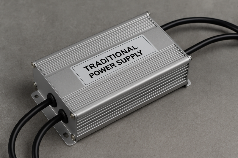 A rugged, sealed, industrial-looking traditional power supply, symbolizing reliability and durability.