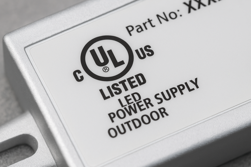 A clear image of a UL Listing mark on the label of an outdoor-rated LED power supply.