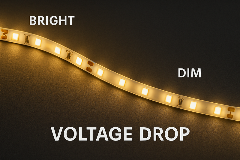 An image demonstrating voltage drop, where the beginning of an LED strip is bright and the end is noticeably dim.
