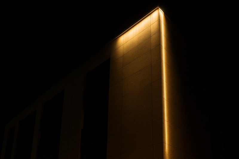 An image of a modern building facade powerfully illuminated by a high-lumen output LED strip, creating a dramatic wall-grazing effect.