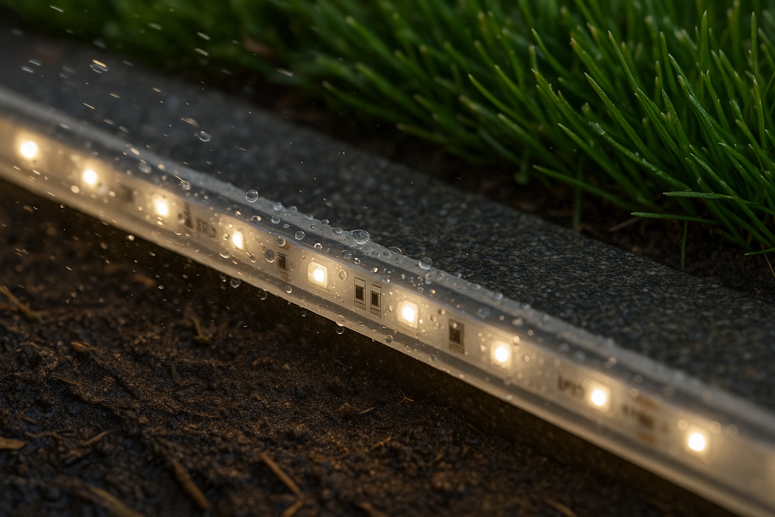 A close-up of an IP67 LED strip installed along the edge of a garden path, with water from a sprinkler beading up on its surface.