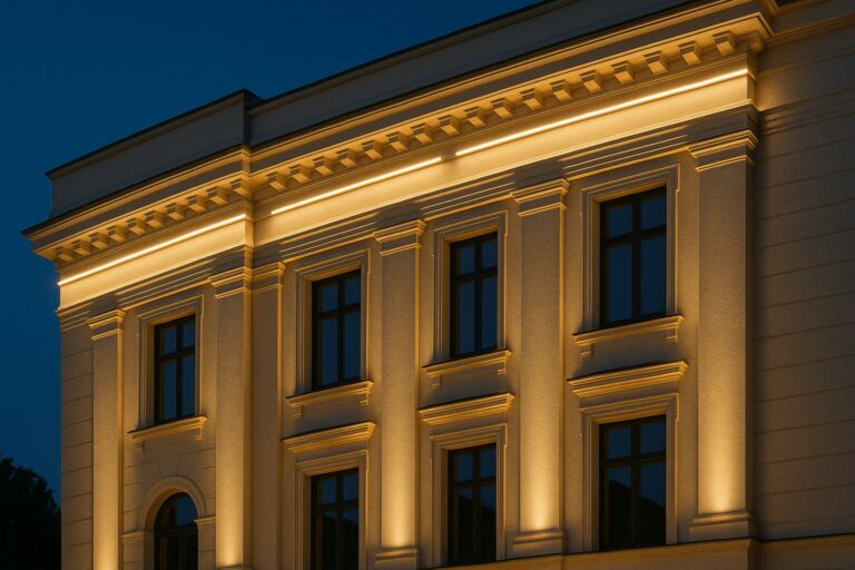 A beautiful architectural facade lit with high-quality, durable outdoor LED strip lights, showcasing even illumination and true color rendering
