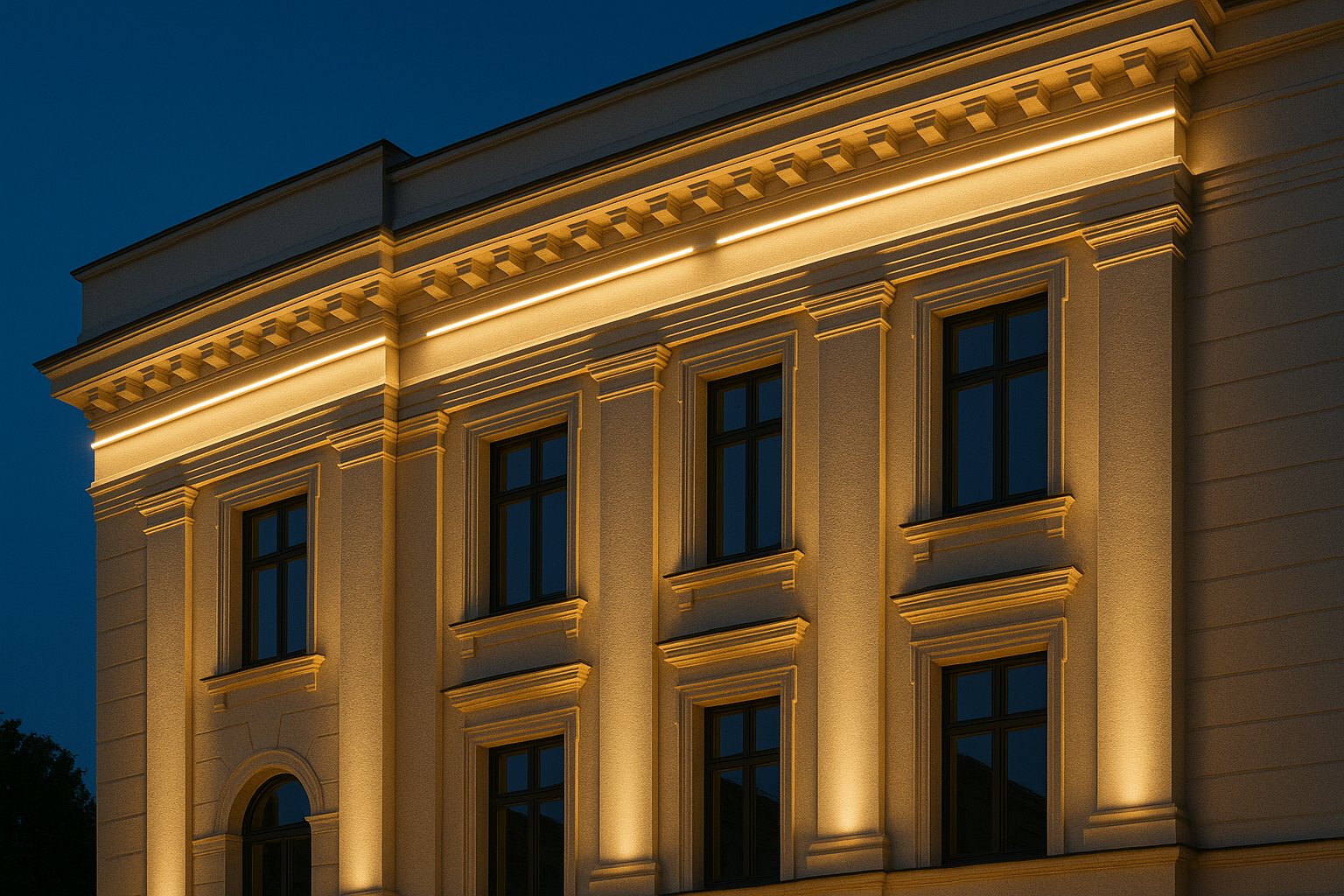 A beautiful architectural facade lit with high-quality, durable outdoor LED strip lights, showcasing even illumination and true color rendering.