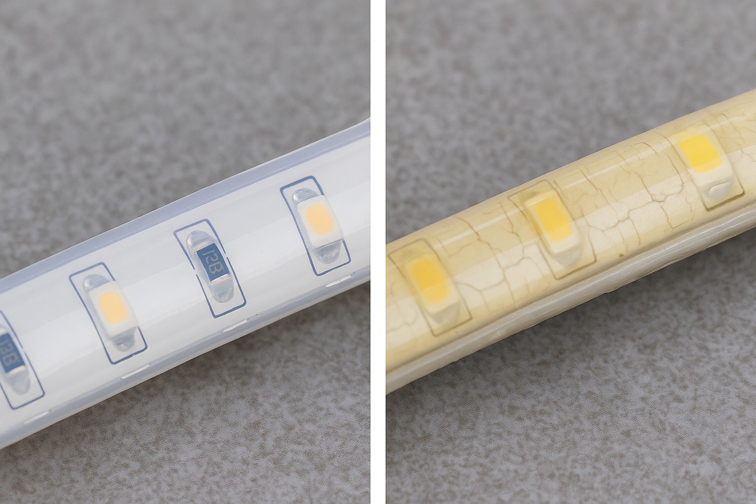 A split image showing a clear, flexible silicone-encased strip on one side, and a yellowed, cracked epoxy-coated strip on the other.