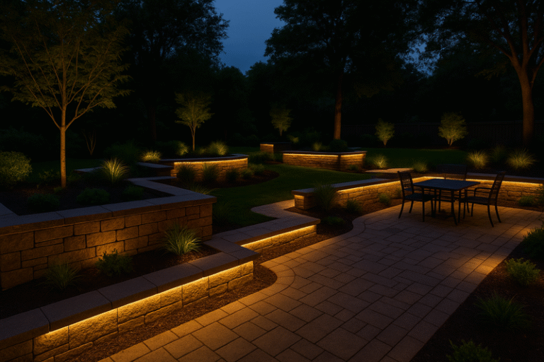 A beautifully lit backyard where pathways, seating walls, and planters are all connected with a consistent warm glow from hidden LED strips