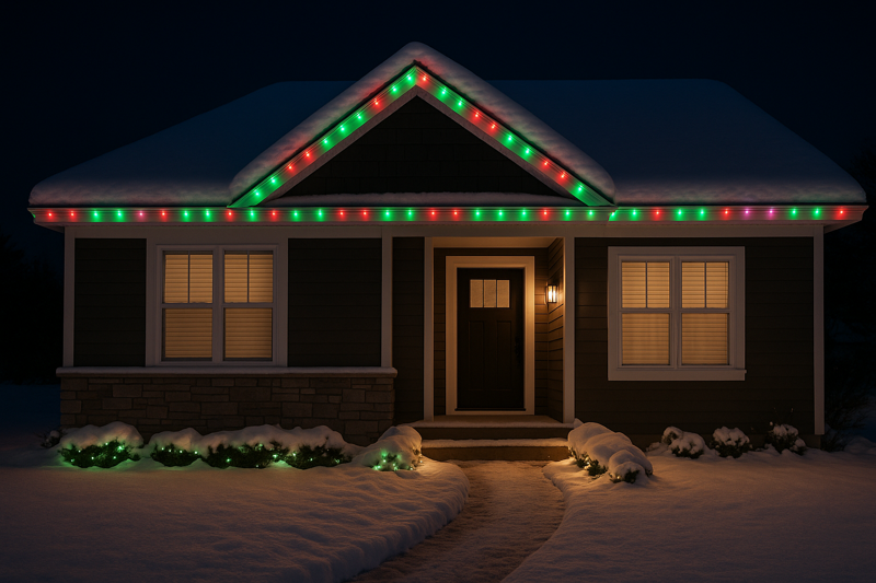 A snow-covered house with its roofline beautifully lit with a classic red, green, and white holiday lighting theme.