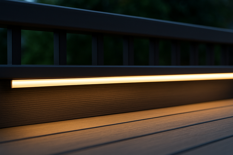 A professionally installed outdoor LED strip light neatly tucked into an aluminum channel under a deck railing, glowing evenly