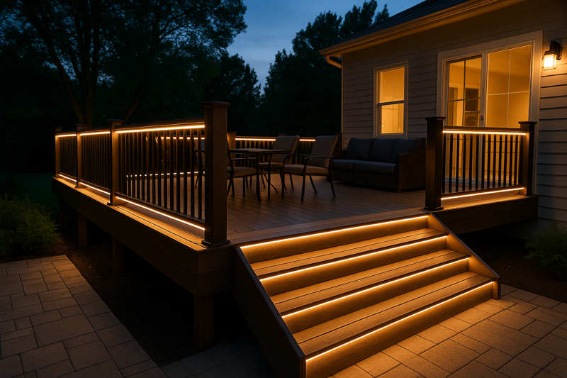 A luxurious modern deck at dusk, beautifully illuminated with warm white LED strips under railings and stairs