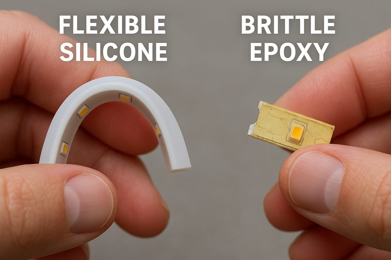 A close-up shot of a hand flexing a premium silicone LED strip, demonstrating its flexibility, contrasted with a cracked piece of a budget epoxy strip.