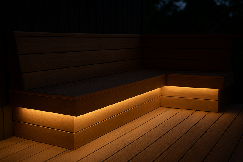 A built-in wooden deck bench that appears to float on a cushion of warm light from a hidden LED strip.