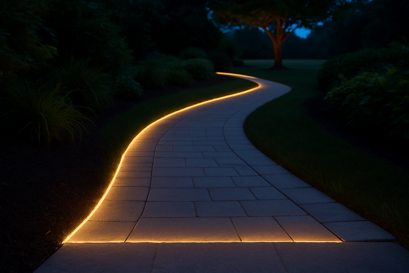 A gently curving stone pathway in a garden, lit by a continuous LED strip along one edge, leading the eye towards a distant tree.