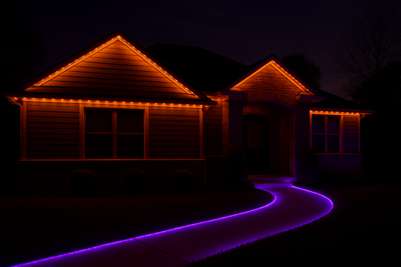 A home's roofline and pathway illuminated with a sophisticated blend of deep orange and purple LED light for Halloween.
