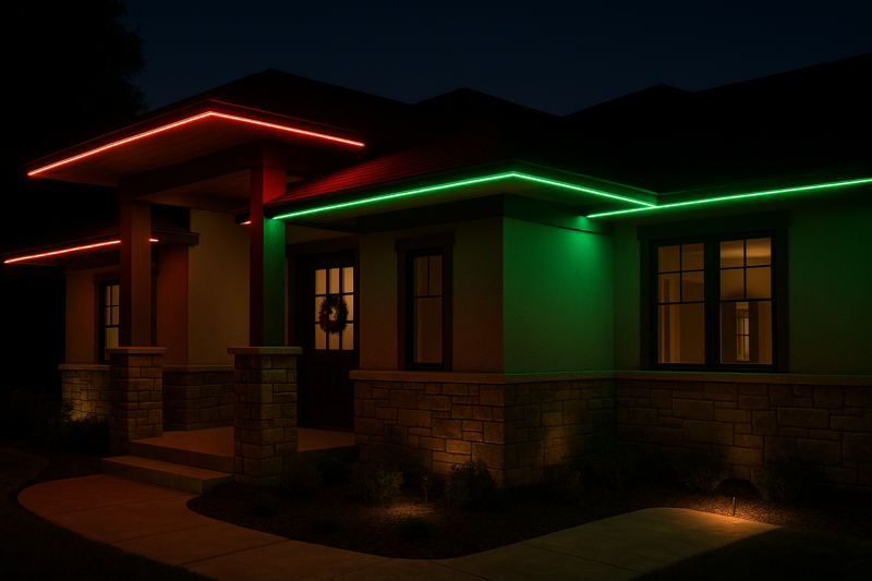 A house decorated for a holiday, with the roofline glowing a deep, vibrant red and green from an outdoor RGB LED strip.