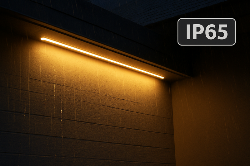 An outdoor wall under an eave being washed with light from an IP65 rated LED strip, protected from direct downpours.