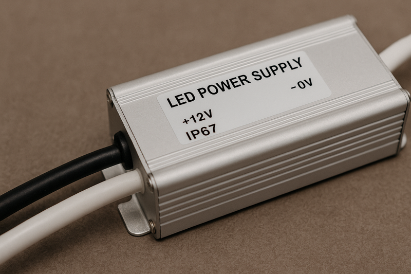 A close-up of an IP67 rated waterproof LED power supply with sealed connections
